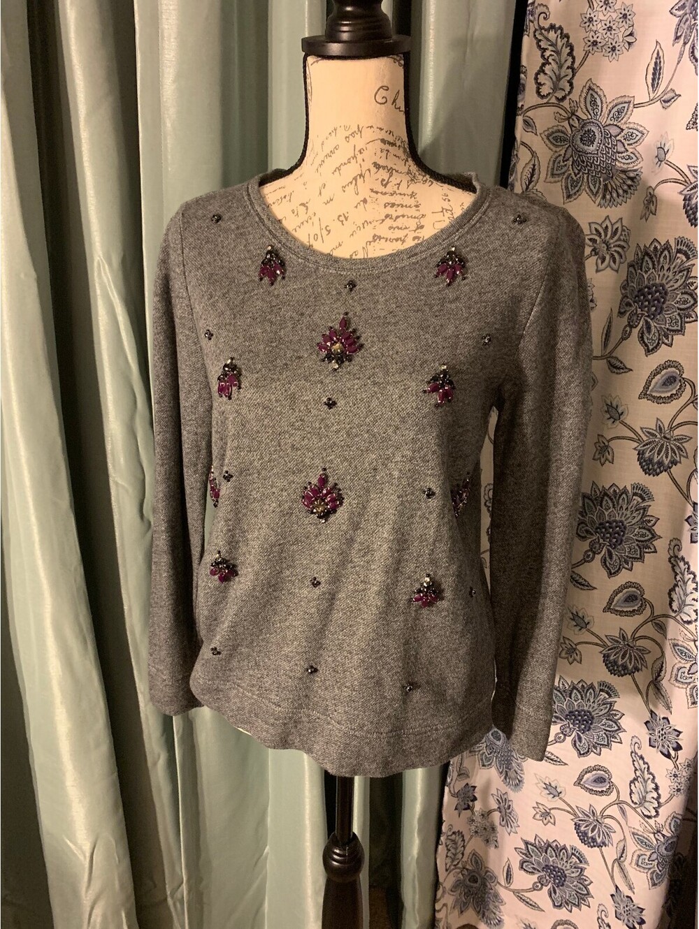LOFT Gray Embellished Long Sleeve Sweater